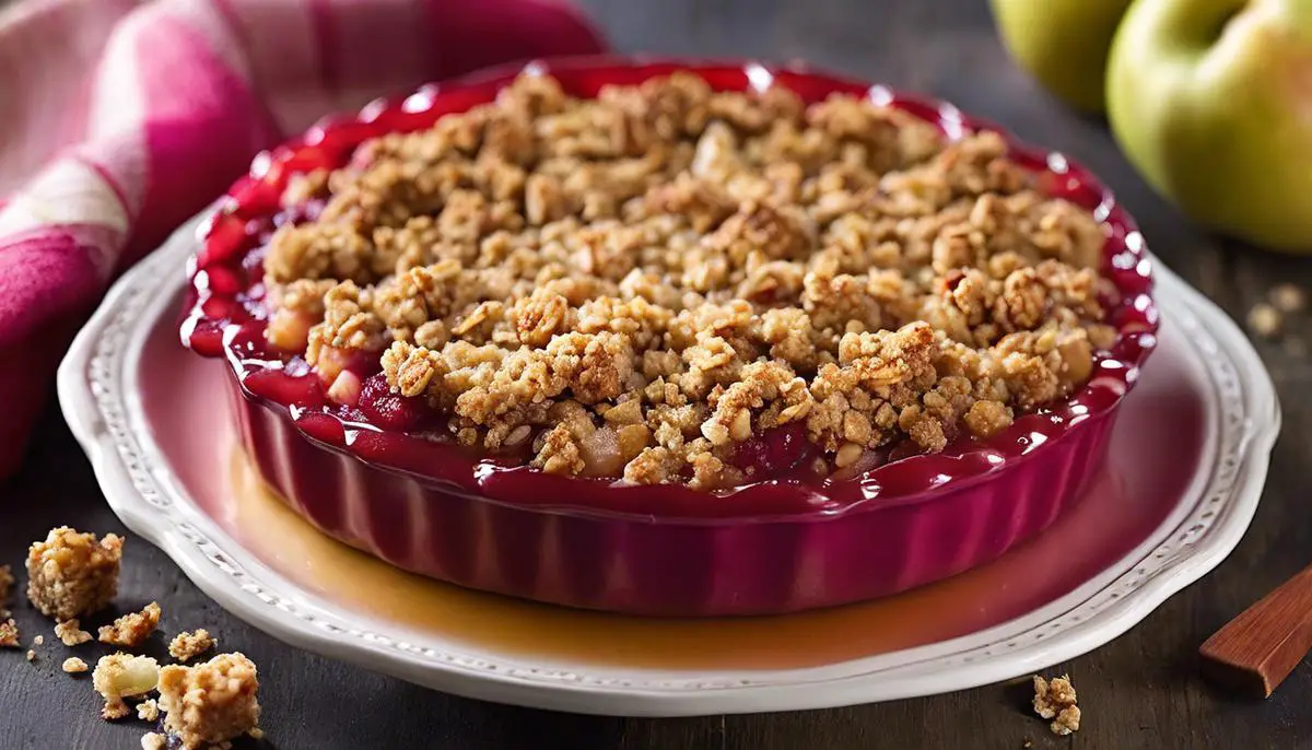 A delicious rhubarb crumble with a golden and bubbly fruit layer, topped with a buttery, oaty, and nutty crumble topping.