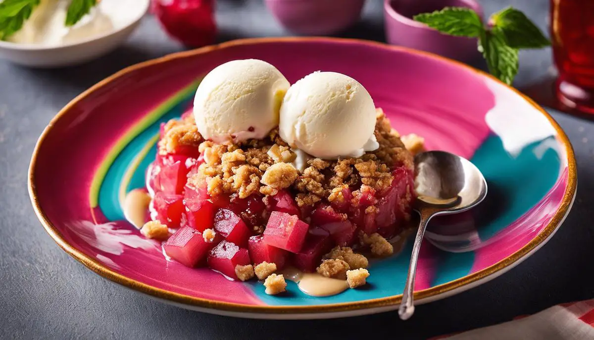 image of a delicious rhubarb crumble with a golden crispy topping and creamy scoop of ice cream on top, served in a colorful plate