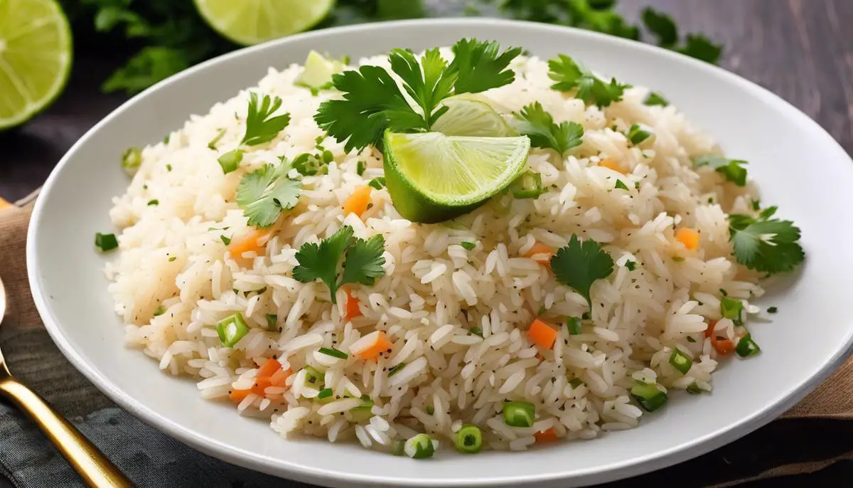 Bowl of rice with cilantro and lime, adding a refreshing twist to the dish for those who crave zesty flavors.