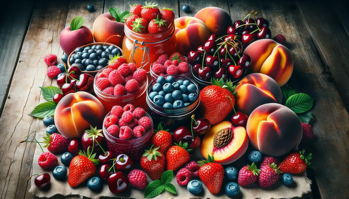 A colorful assortment of ripe, seasonal fruits perfect for making homemade jam, including strawberries, raspberries, blueberries, peaches, and cherries