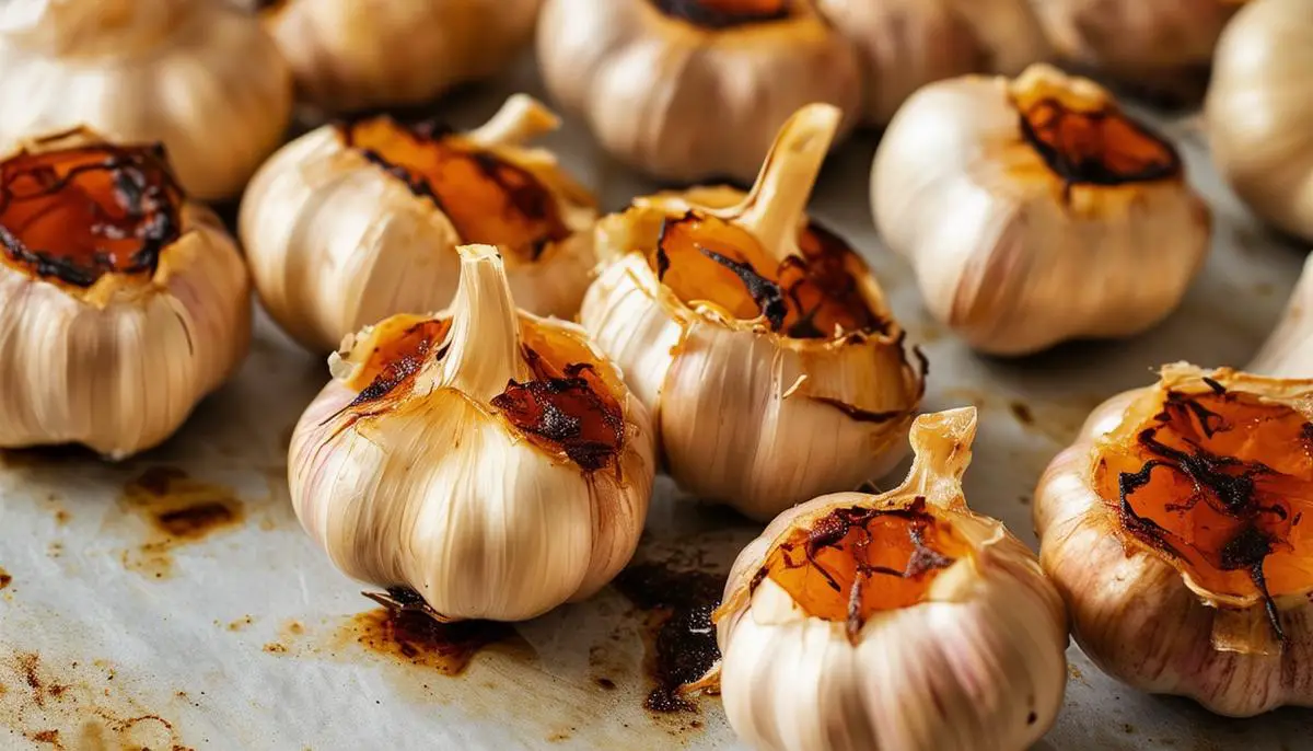 Soft, caramelized roasted garlic cloves squeezed out of their papery skins