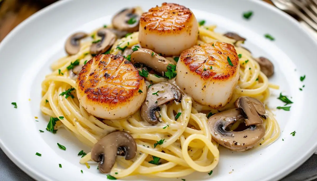 A plate of creamy roasted garlic pasta with seared scallops and sautéed mushrooms