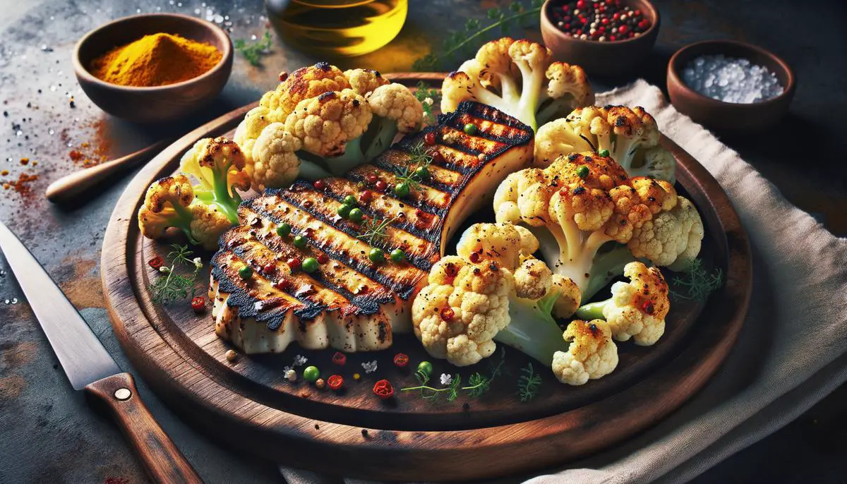 Charred cauliflower steaks seasoned with paella spices, served on a rustic wooden cutting board