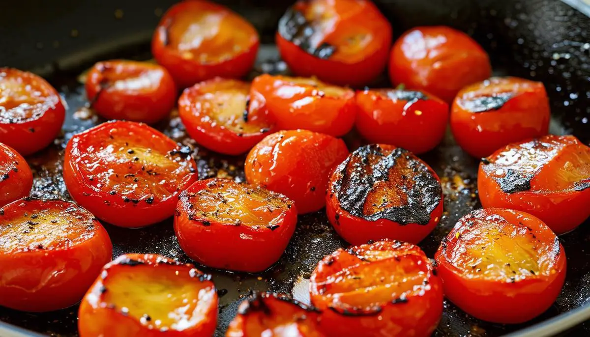 Roma tomatoes roasted on a skillet until slightly charred