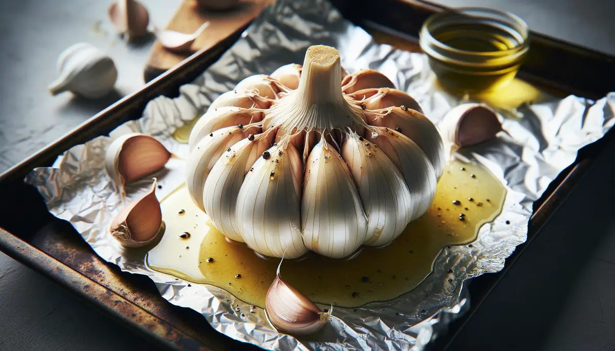A whole garlic bulb drizzled with olive oil and wrapped in aluminum foil, ready for roasting