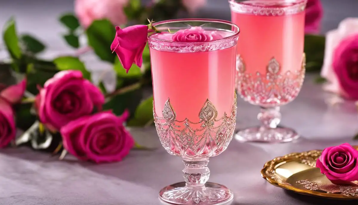 A glass filled with rose sharbat, showcasing its beautiful blush hue and the glistening syrup poured in a liquid silk-like manner.