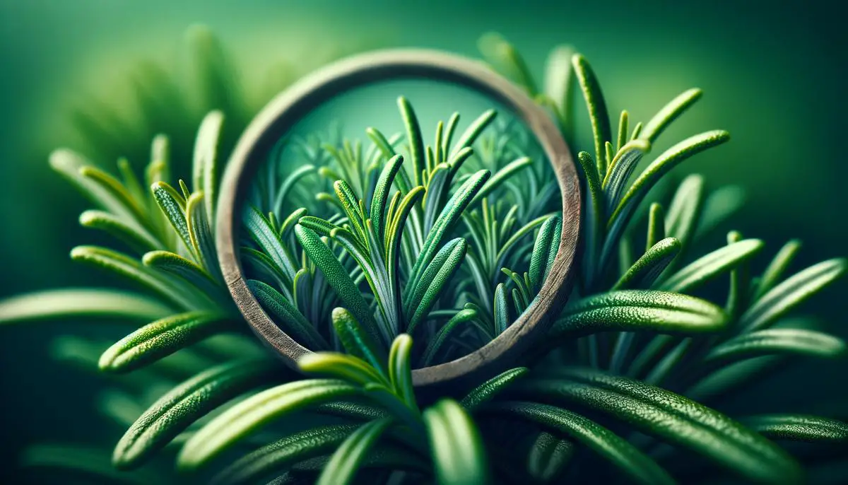 A close-up image of fresh rosemary leaves, showcasing the vibrant green color and texture of the herb