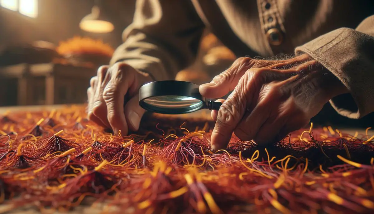 A person examining saffron threads for quality control