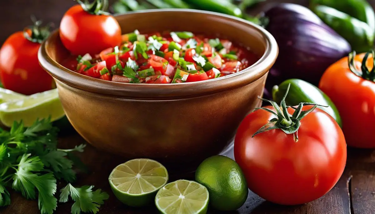 A photo of the ingredients for a classic salsa: ripe tomatoes, onions, cilantro, jalapeño peppers, a lime, and salt.