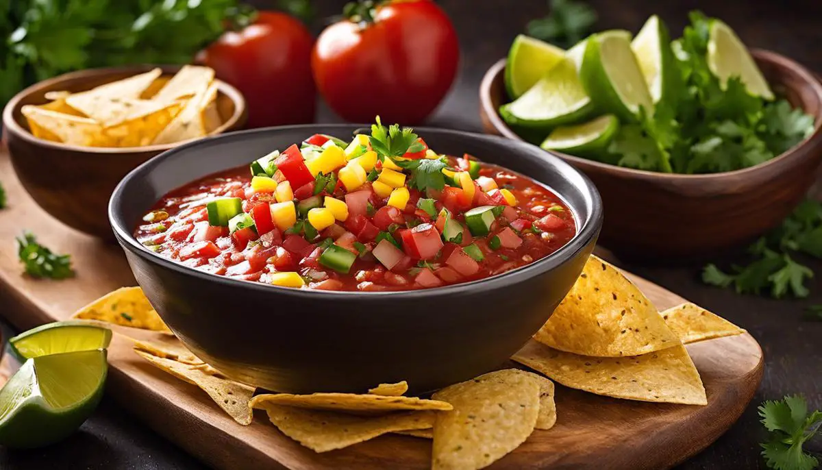 A flavorful salsa in a bowl with tortilla chips, showcasing the different ingredients. The salsa is vibrant and fresh, ready to be enjoyed.