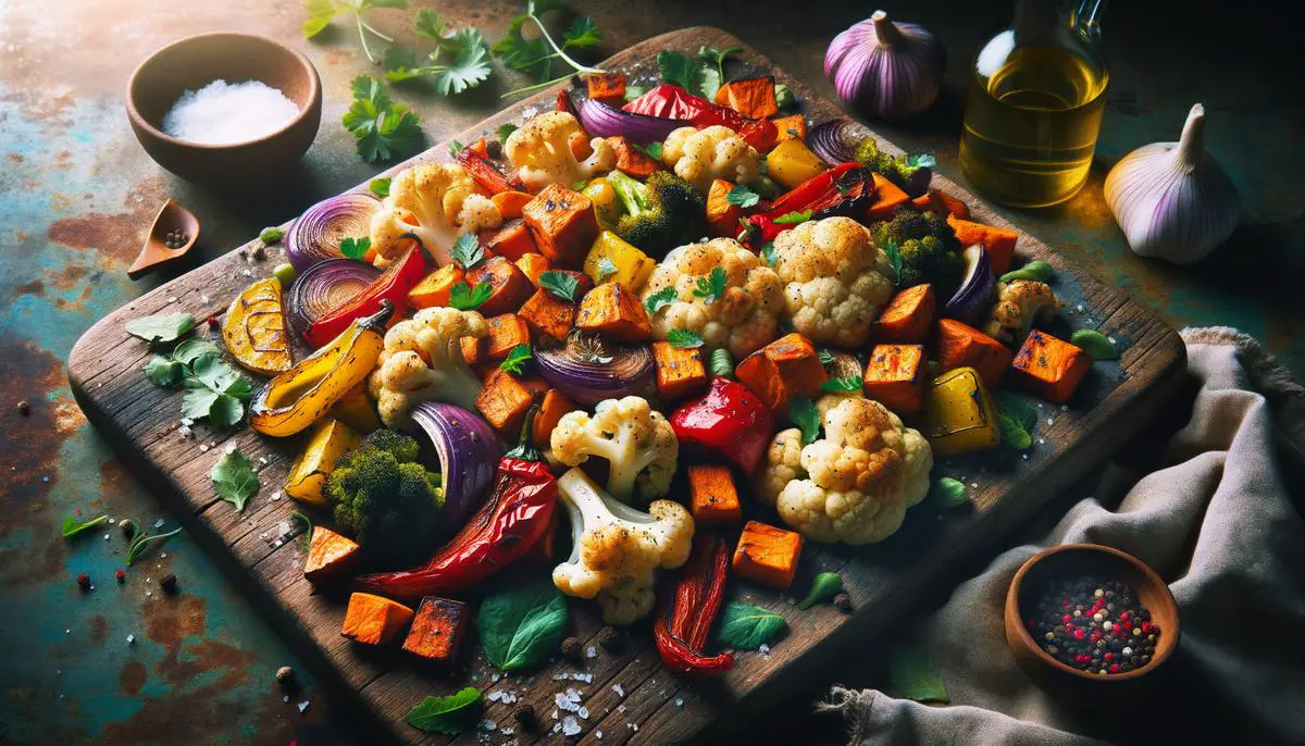 A photo of a colorful assortment of roasted vegetables, such as cauliflower, sweet potatoes, and bell peppers, seasoned with salt and pepper seasoning and garnished with fresh herbs, served on a rustic wooden cutting board.