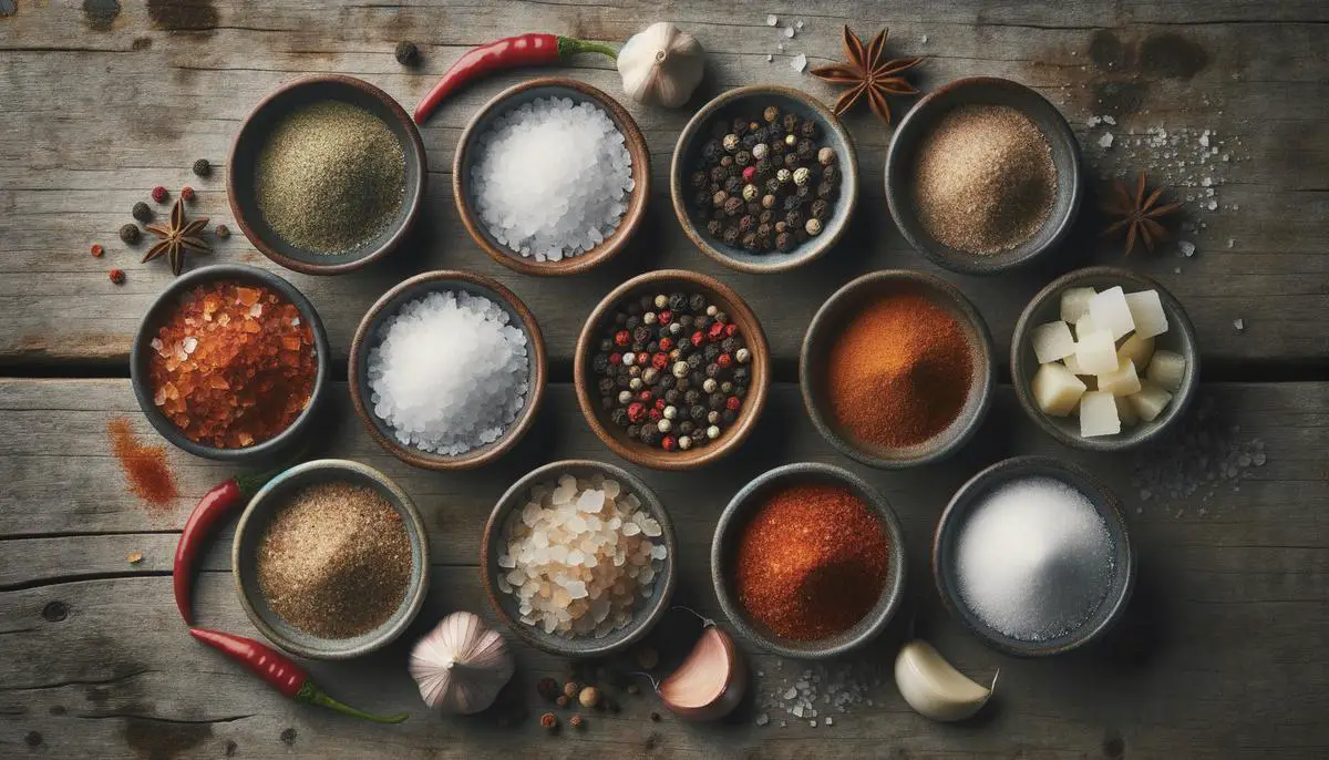 A flat lay photo featuring the individual ingredients used in salt and pepper seasoning, including sea salt, ground white pepper, Chinese five spice, crushed red chili flakes, garlic powder, ground ginger, and caster sugar, each in separate small bowls on a rustic wooden surface.