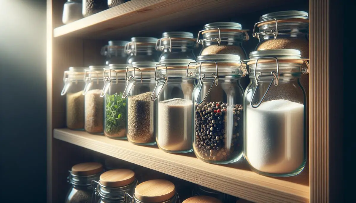 A photo of homemade salt and pepper seasoning stored in clear glass airtight jars with secure lids, placed on a wooden shelf in a cool, dry pantry, away from direct sunlight.