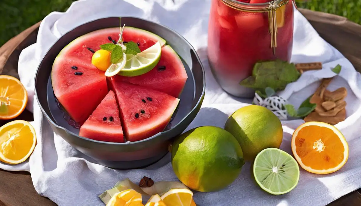 A refreshing bowl of homemade Sangria Watermelon garnished with citrus slices and served in a summer picnic setting.