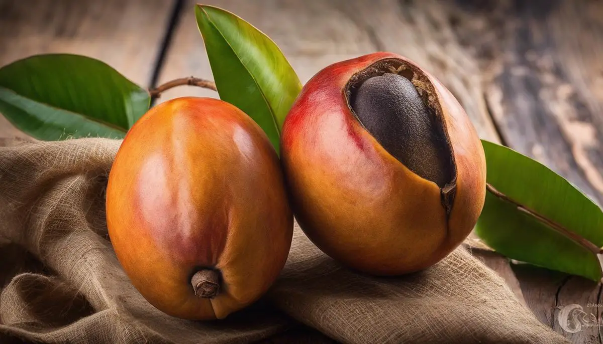 An image of a sapodilla fruit, showcasing its rustic exterior and unique shape.