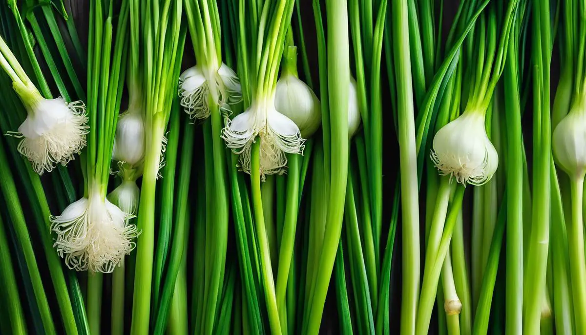 A close-up image of scallions and green onions, showcasing their vibrant green color and long stalks.