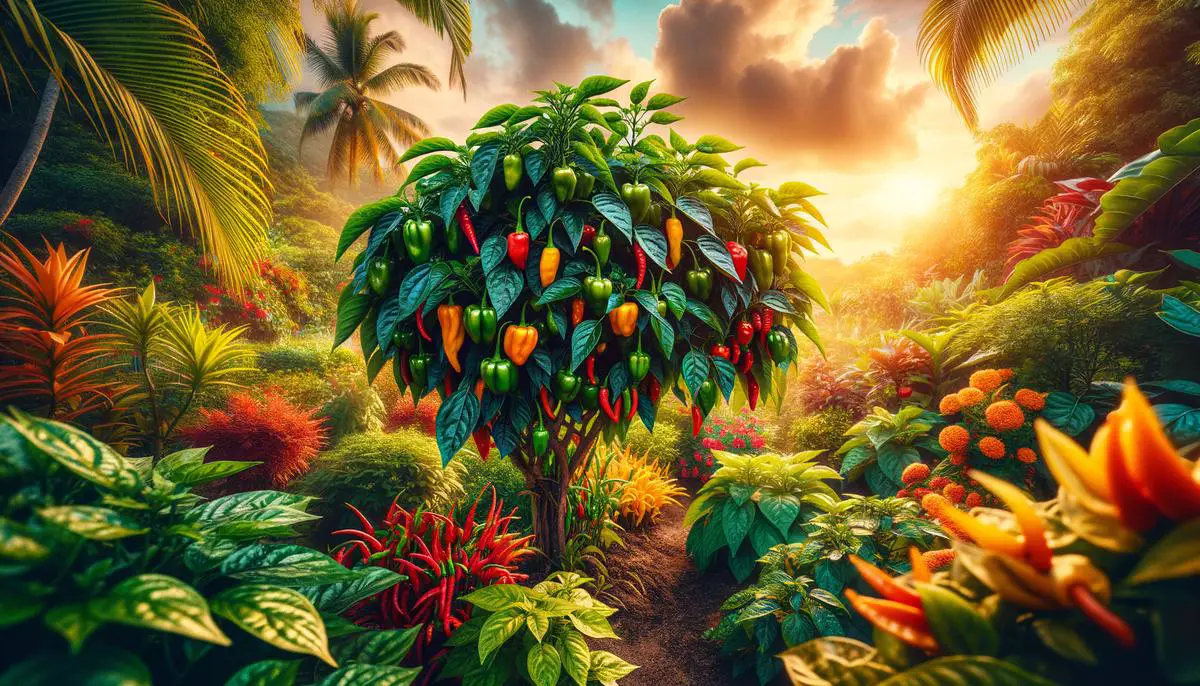 Vibrant green Scotch Bonnet pepper plant with colorful peppers growing in a lush Caribbean garden