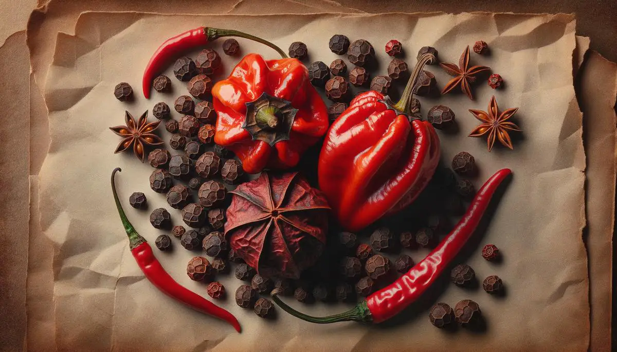 Scotch bonnet peppers and allspice berries, two key ingredients in Jamaican jerk seasoning.