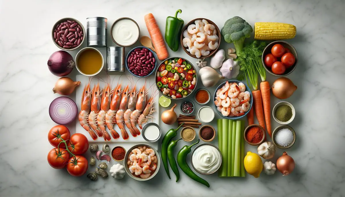 Ingredients for seafood chili including shrimp, scallops, crab meat, beans, vegetables, and spices