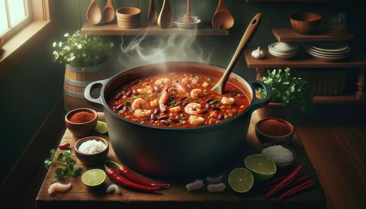 A large Dutch oven filled with simmering seafood chili, with a wooden spoon resting on the side and steam rising from the pot, set on a rustic kitchen counter