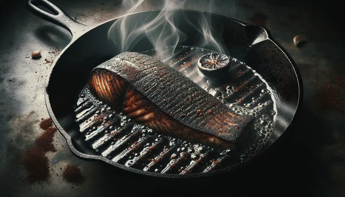 A cast iron skillet with a blackened fish fillet being seared over high heat