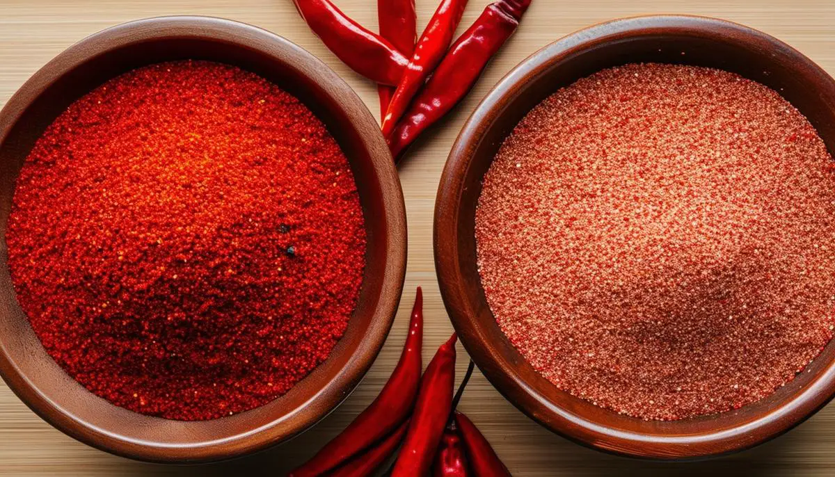 Overhead view of two bowls of gochugaru, one with a vibrant red color and coarse texture, the other with a duller color and finer grind, with whole dried red chilis between them for comparison.