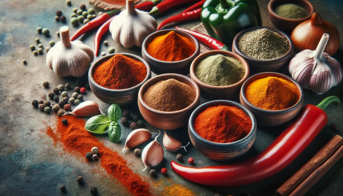 A selection of fresh spices including chili powder, cumin, paprika, and garlic powder