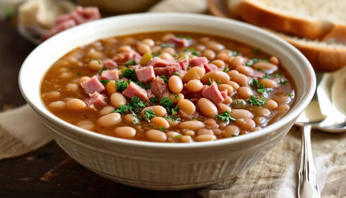 A classic bowl of Senate Bean Soup made with navy beans and ham hock