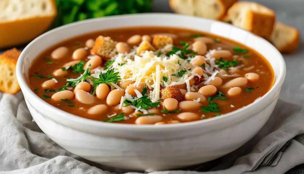 A bowl of Senate Bean Soup garnished with fresh parsley, croutons, and grated cheese