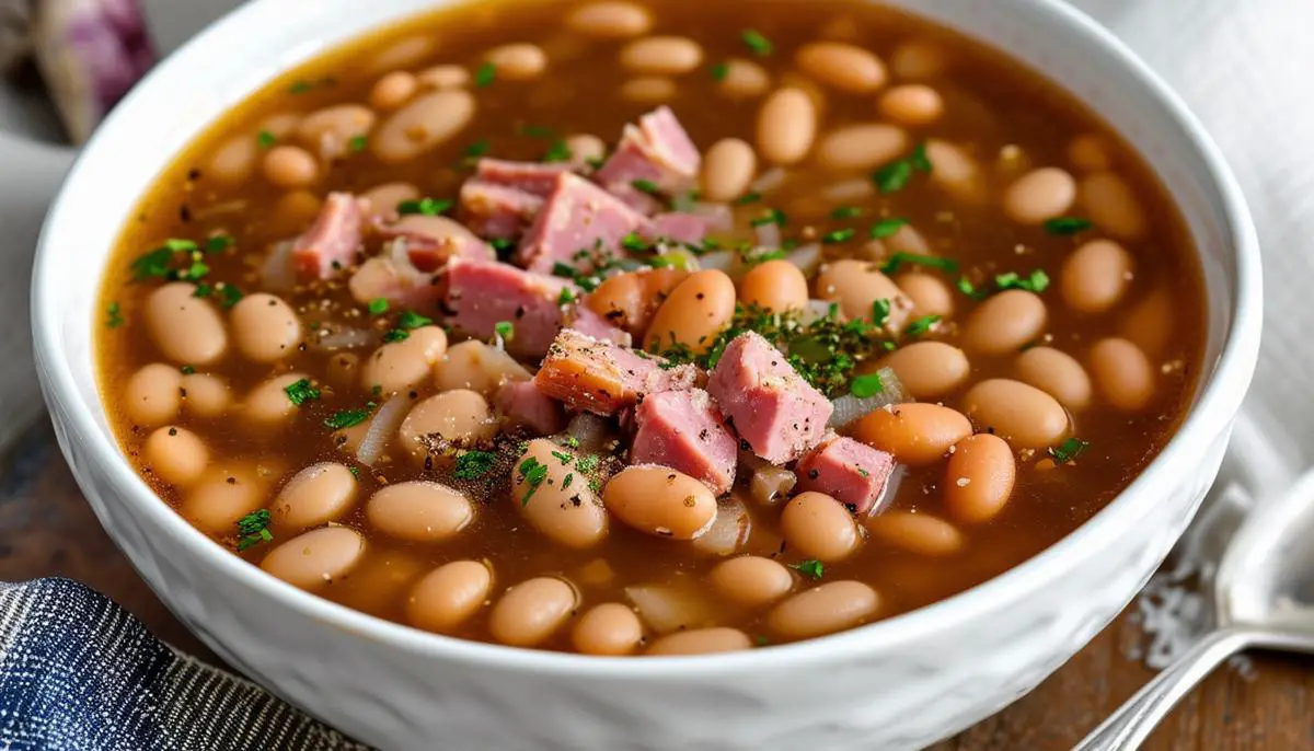 A bowl of Senate Bean Soup with navy beans, ham hock, onions, and seasonings