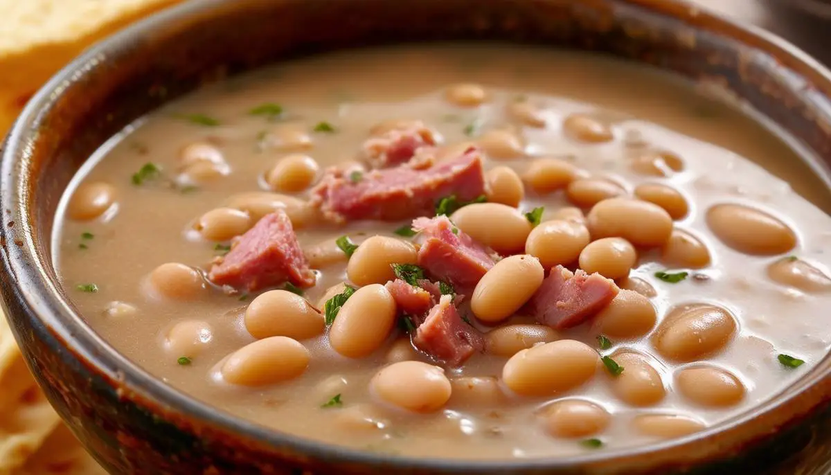 A bowl of Senate Bean Soup viewed from the side, showing the thick, creamy texture of the soup with bits of ham and beans visible