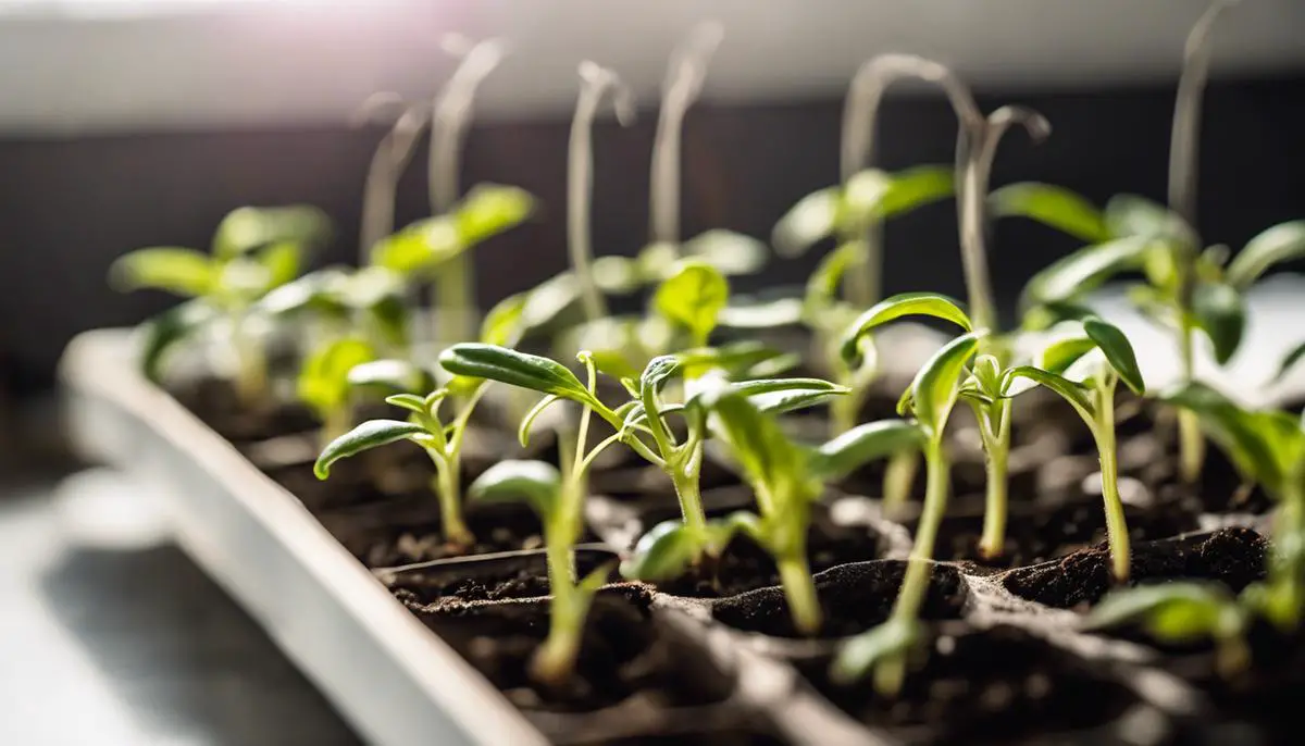 Close-up of healthy serrano pepper seedlings growing indoors under bright light