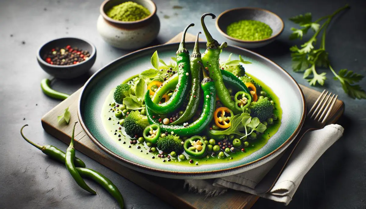 A colorful dish featuring serrano peppers in a modern fusion cuisine presentation