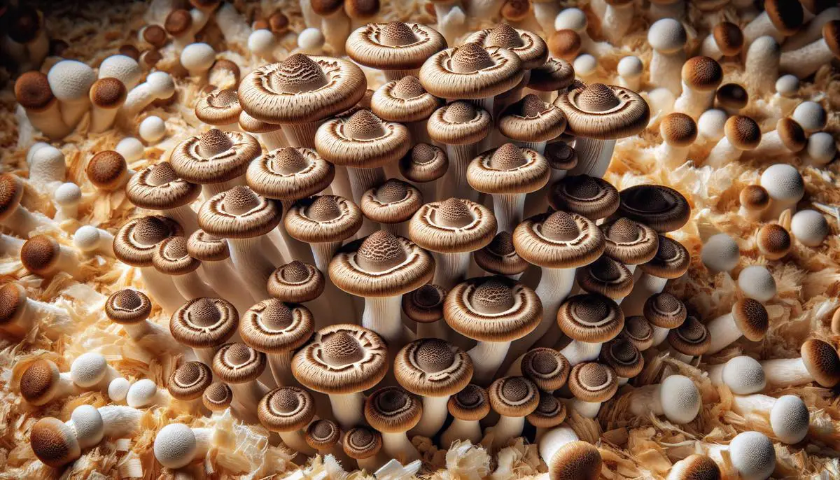 Close-up of shiitake mushrooms growing on sawdust substrate