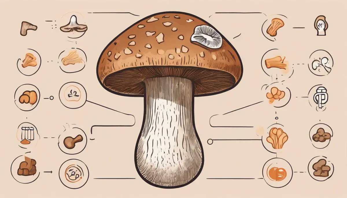 Illustration showcasing the various health benefits of shiitake mushrooms
