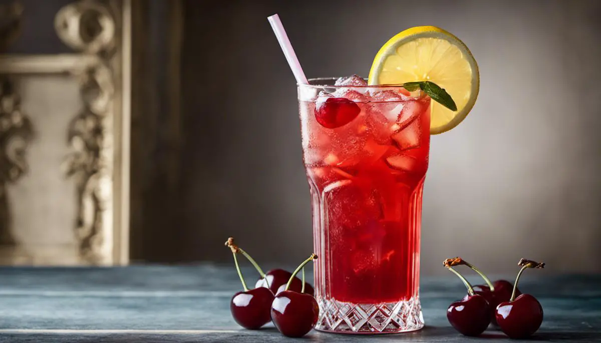 A photograph of a Shirley Temple drink with a cherry garnish and a slice of lemon