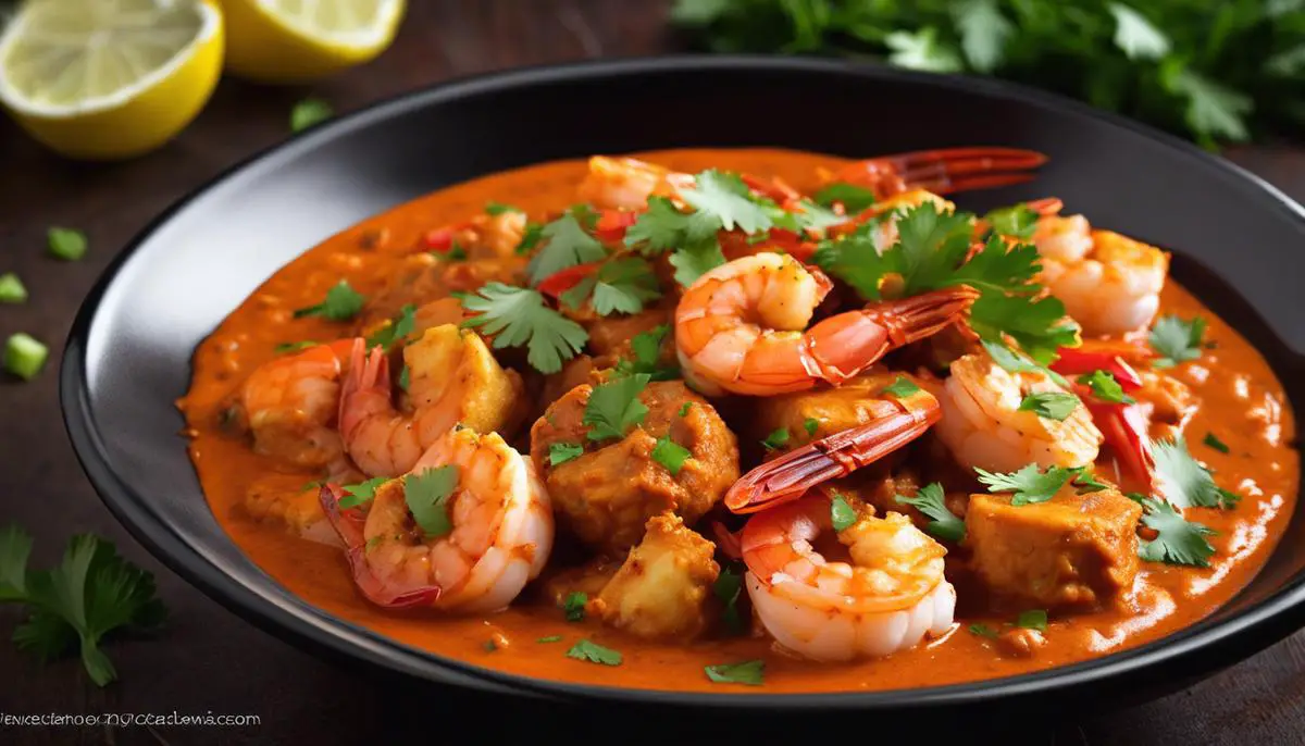 A delicious plate of Shrimp Tikka Masala, with shrimp covered in a vibrant, flavorful sauce.
