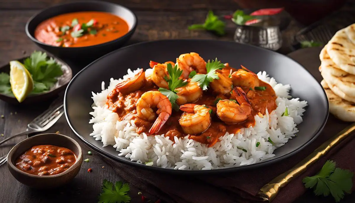 A plate of flavorful shrimp tikka masala with vibrant spices and rich sauce, served with fragrant rice.