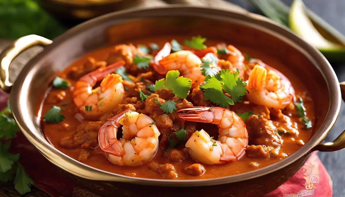 A tantalizing image of perfectly cooked shrimp covered in a mouthwatering Tikka Masala sauce.