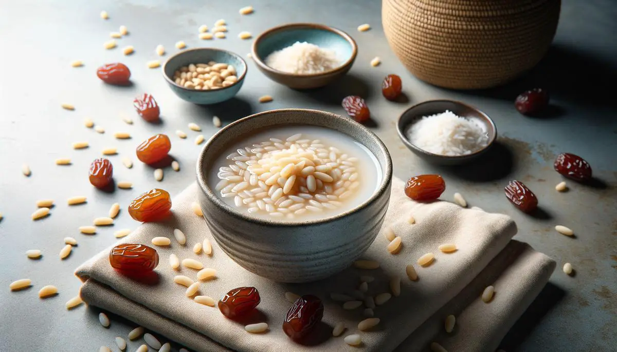 A traditional Korean drink called sikhye served in a small bowl with floating rice grains, garnished with pine nuts and jujubes