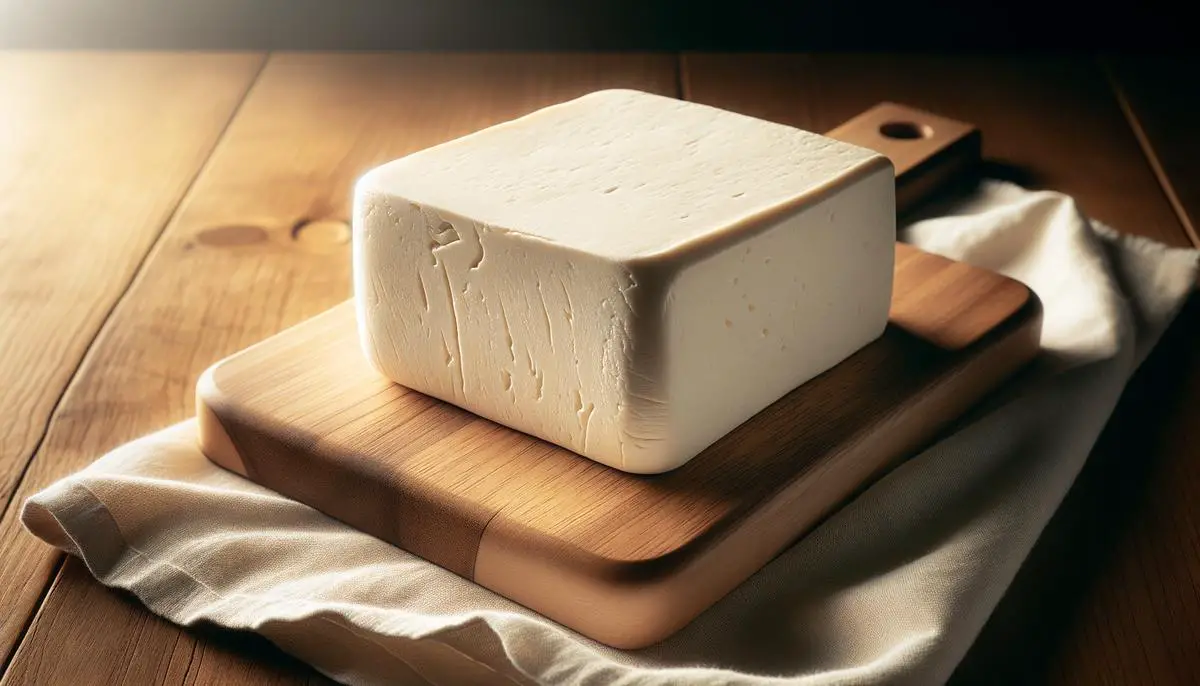 A block of smooth, creamy silken tofu on a wooden cutting board, ready to be used in a vegan dessert recipe