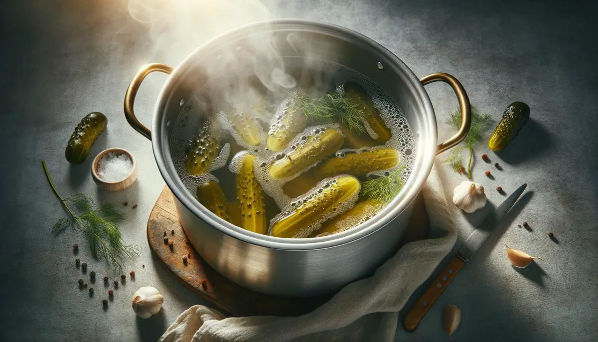 A stainless steel pot filled with simmering, aromatic pickling brine
