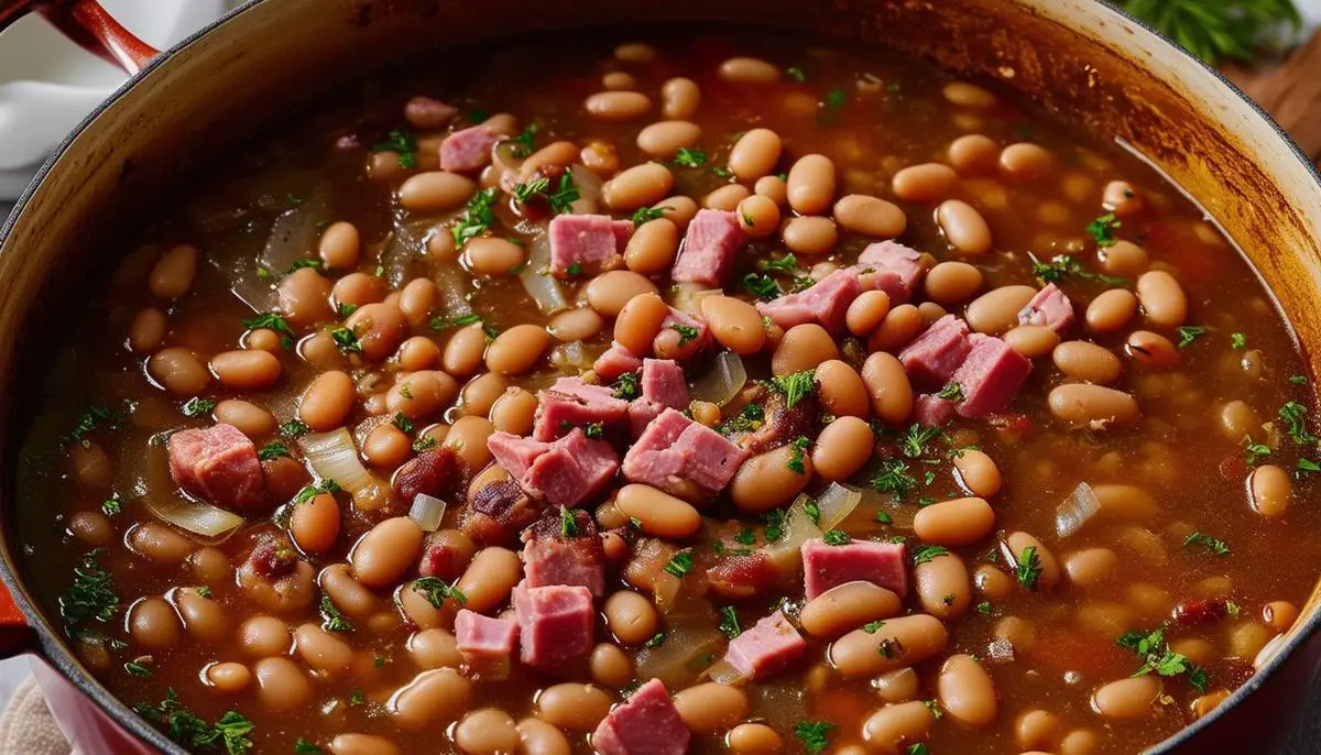 A pot of simmering Senate Bean Soup with navy beans, ham hock, and onions