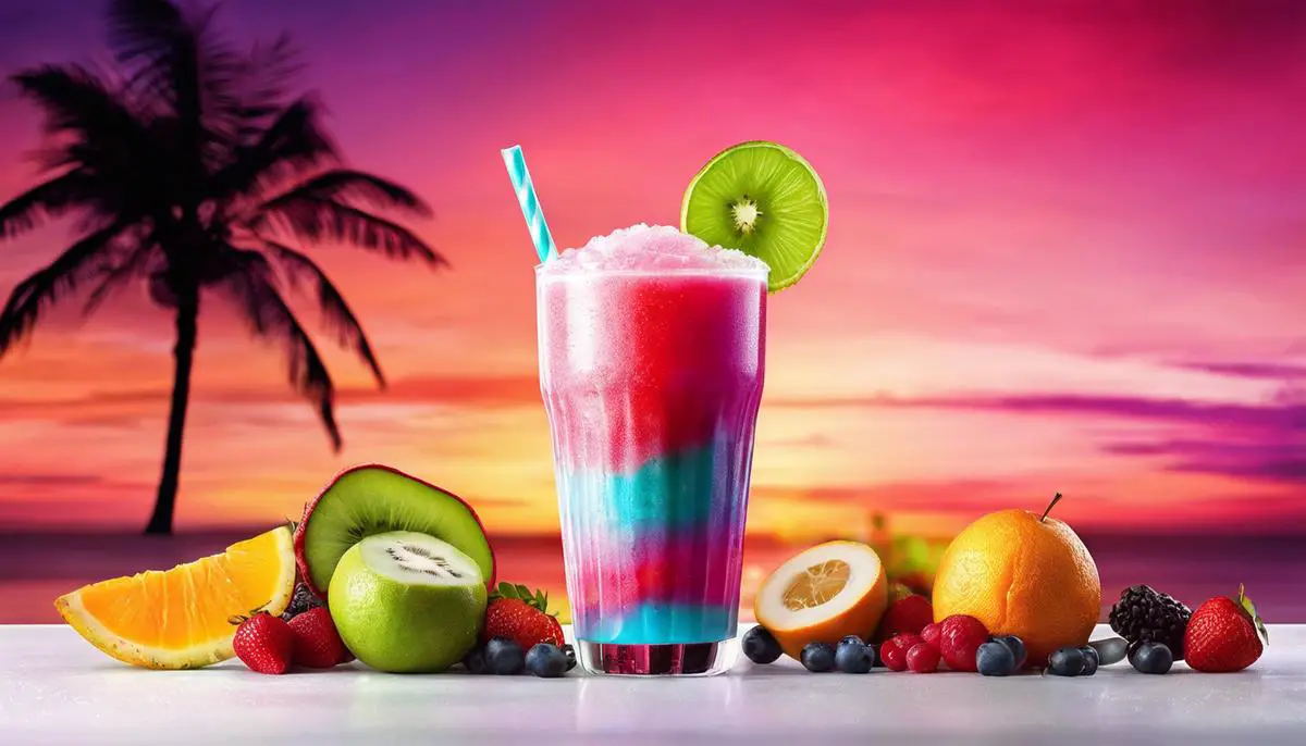 A refreshing slushie drink in various vibrant colors with fruits and a tropical background.