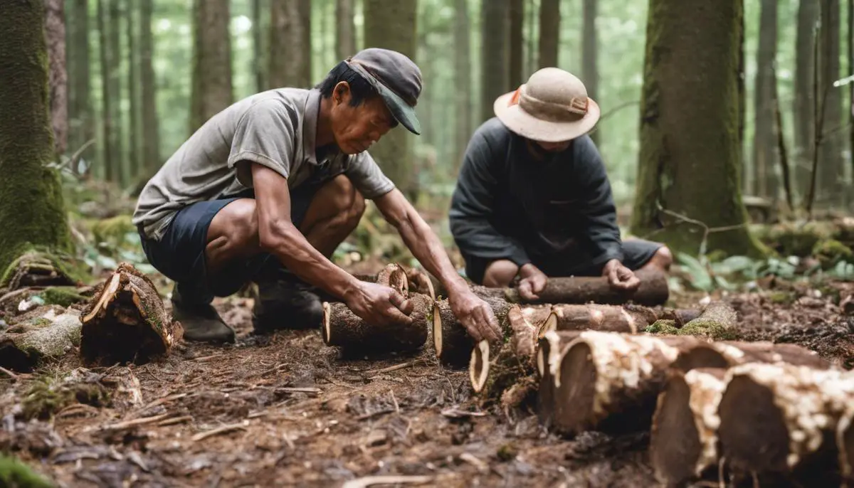 A small-scale farmer tending to shiitake mushroom logs in a forest