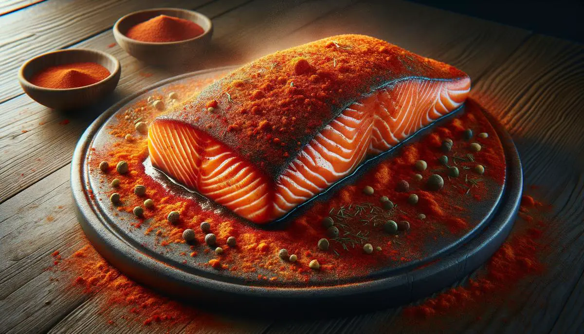 A beautifully presented salmon dish with a vibrant, sunset-hued crust, sprinkled with smoked paprika