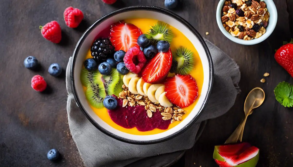 A colorful and vibrant smoothie bowl topped with fresh fruits and granola.