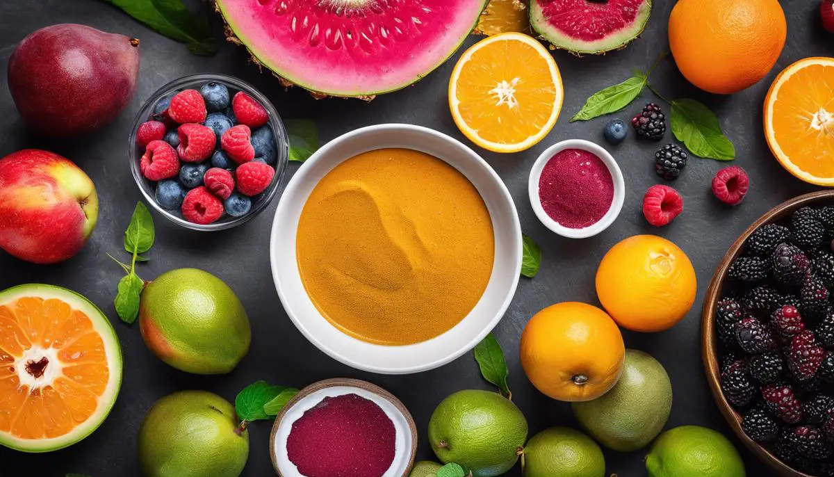 An image showing a collection of vibrant fruits, a glass of smoothie, and various superfood powders.