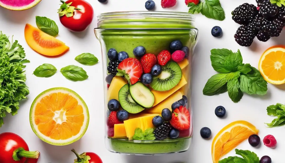 A colorful arrangement of fruits and vegetables making a delicious smoothie