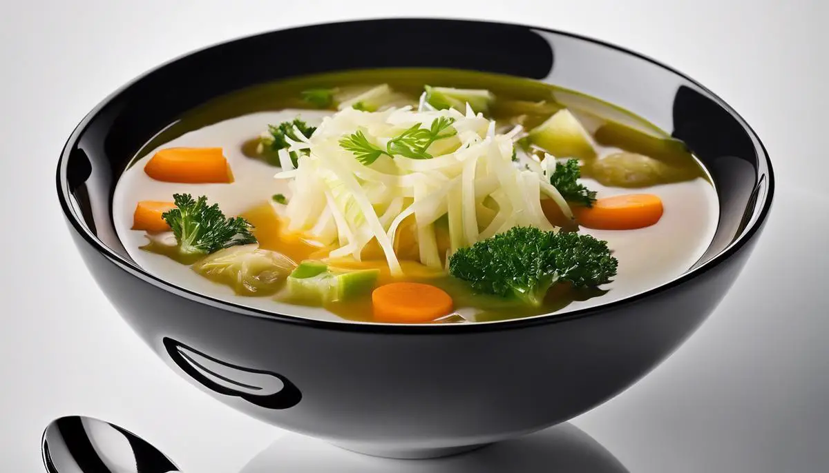 Image of a bowl of soup with a piece of cabbage floating on the top